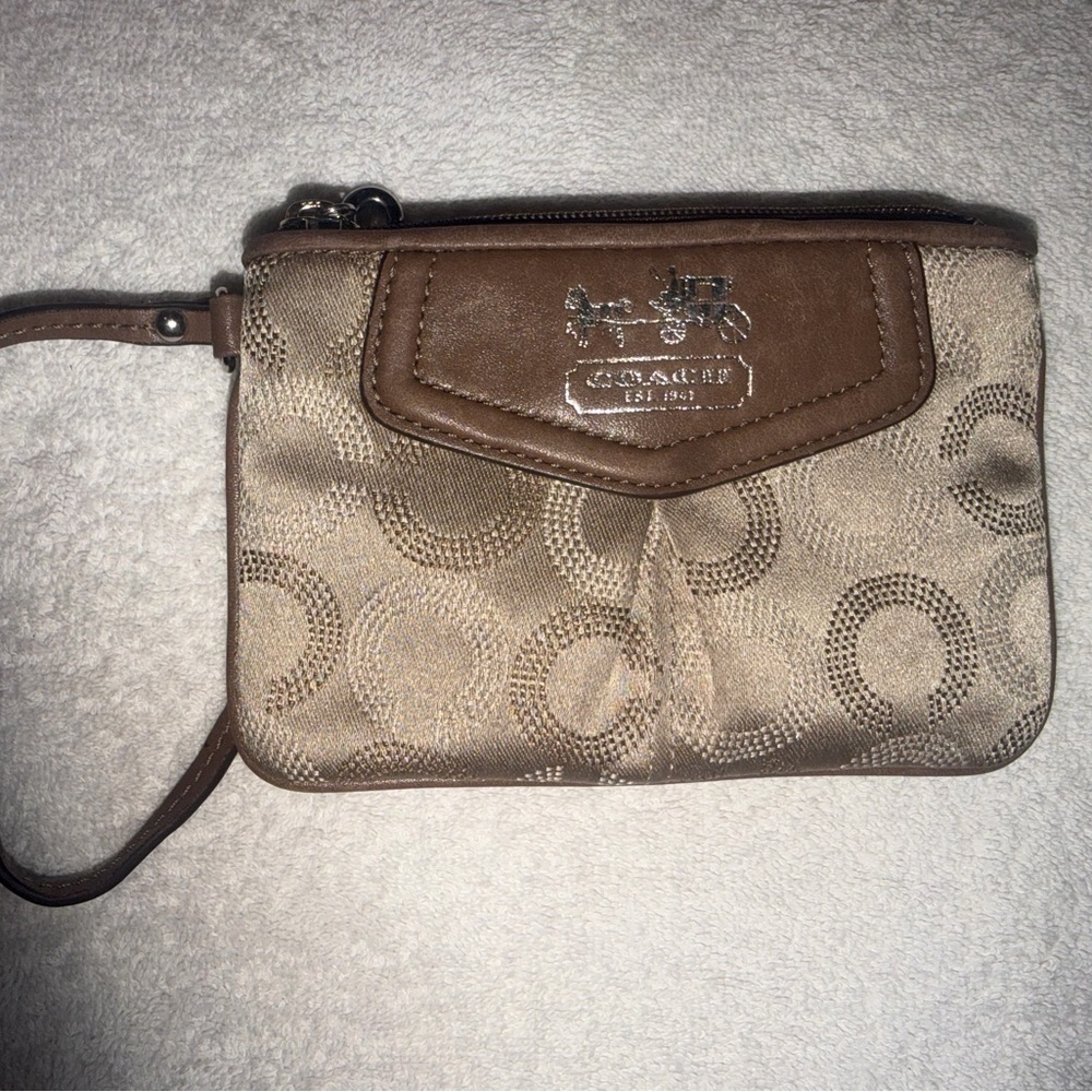 Coach Taupe & Brown Signature Wristlet Clutch